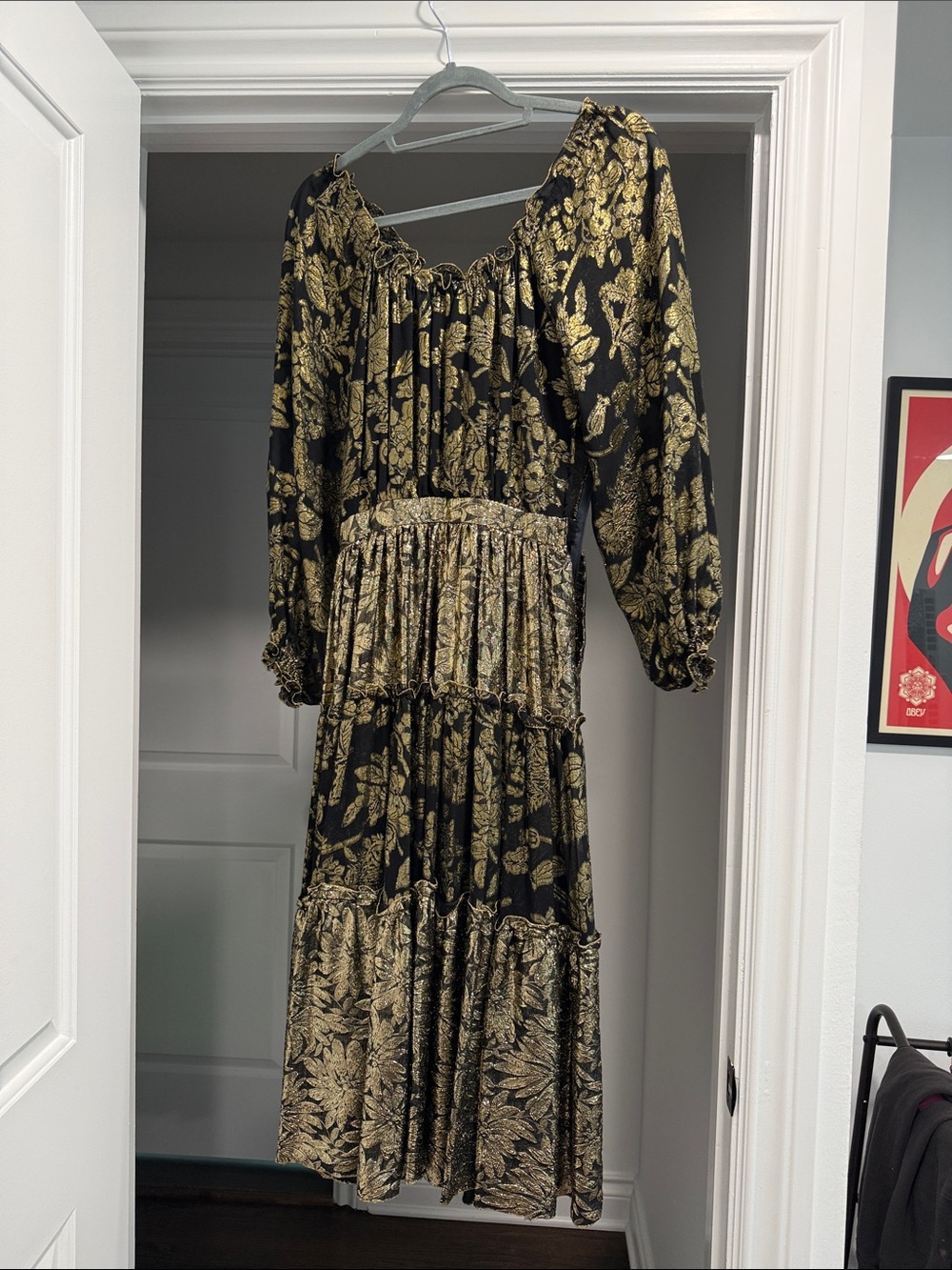 Vintage Vicky Tiel Black & Gold Floral Embroidered Tiered Midi Dress